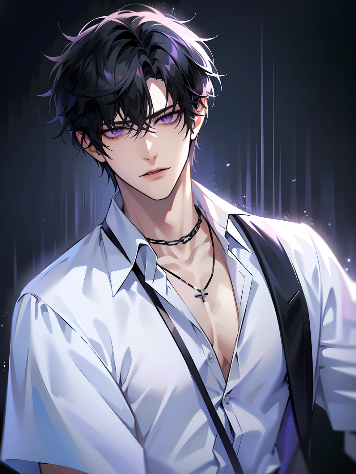 (masterpiece, 4k, high quality:1.3), 1boy, solo, short hair, black hair, asymmetrical fringe, purple eyes, handsome, sharp eyes, (mature male, mature:1.2), male focus, black button up shirt, black pants, necklace, muscles, starry background, close up