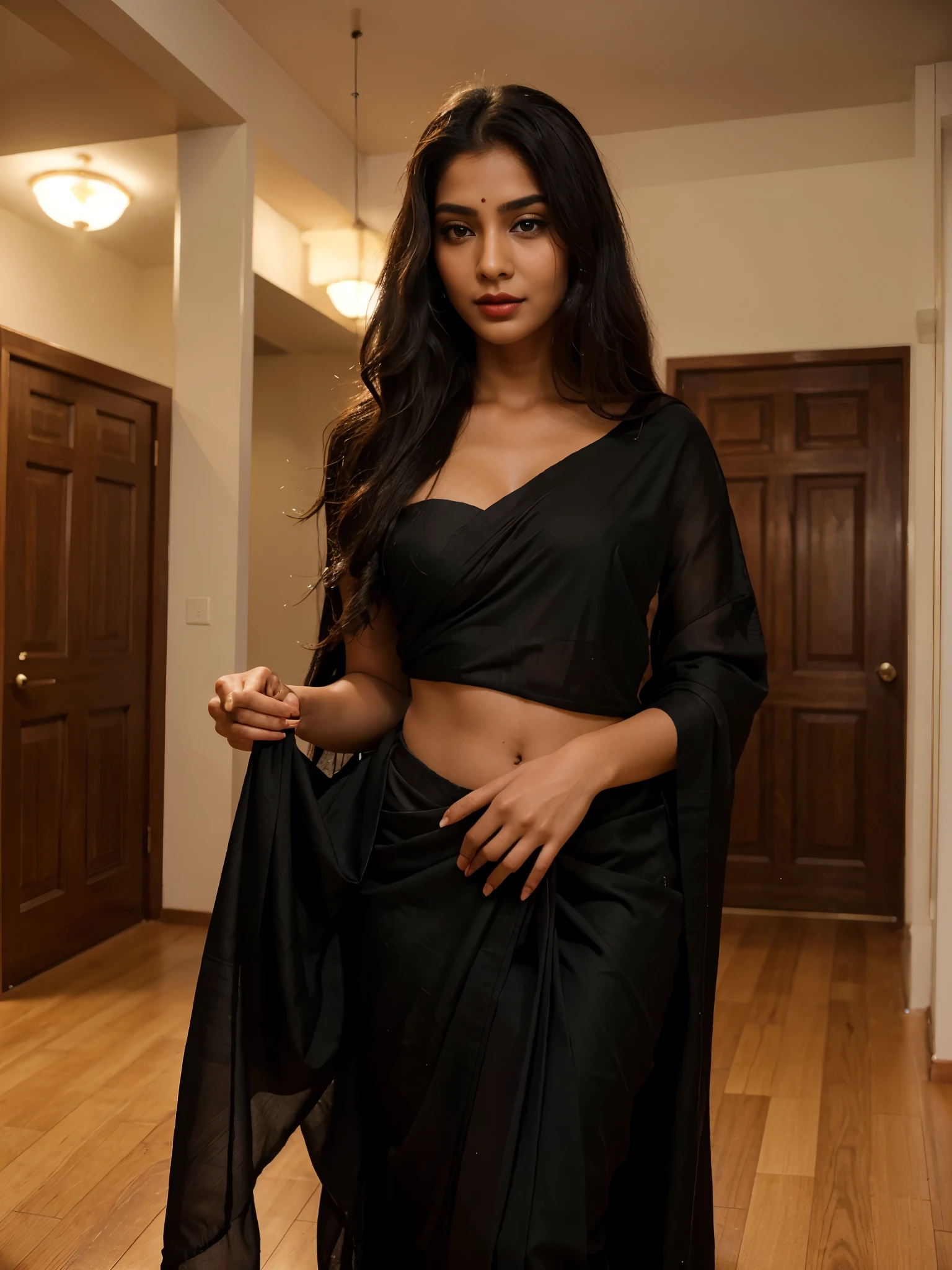 As you enter the room, your eyes are immediately drawn to the 24-year-old woman in her black Indian saree. Her long and beautiful hair is styled in a traditional manner, and her realistic skin is a testament to her natural beauty. Her attractive eyes and lips are accentuated by a deep red lipstick, completing her stunning look.