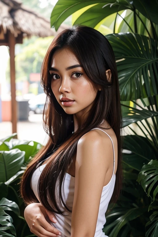 A beautiful Indonesian woman with natural beauty and big breasts is standing in a classroom. She has a wet body, as if she has been soaked in water. The scene is vibrant with vivid colors and bokeh effects. The woman has long dark hair and radiant skin. Her beautiful detailed eyes and lips enhance her overall attractiveness. She is wearing a student uniform, suggesting that she is a student. The lighting emphasizes her features and creates a captivating atmosphere. The artist focuses on capturing the woman's sensuality and the unique charm of the classroom environment. The artwork aims to depict the beauty of the Indonesian woman while exploring the aesthetics of wetness and moisture. Pubic hairs are depicted as part of the woman's natural beauty, adding to the overall realism and attention to detail. The artwork strives for the best quality, with high resolution (4k, 8k) and ultra-detailed rendering. It captures the woman's beauty in a realistic and photorealistic way. The color palette and lighting enhance the overall visual impact, creating a mesmerizing and engaging artwork.