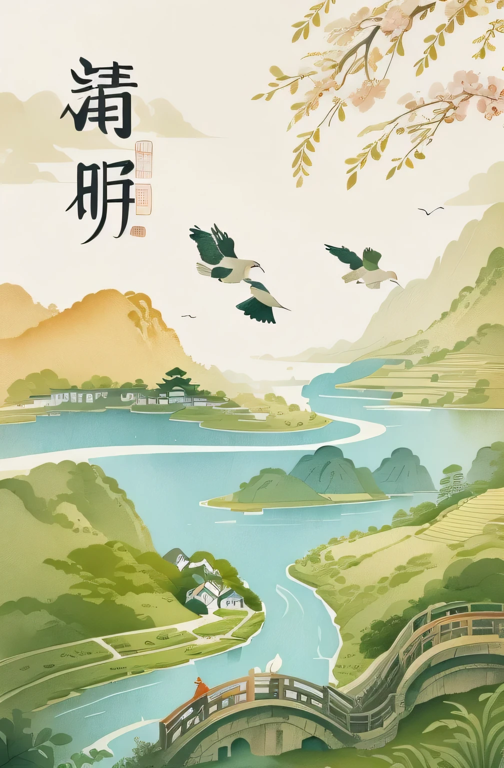 there are two birds flying over a river in a rural area, a beautiful artwork illustration, chinese watercolor style, chinese painting style, poster illustration, chinese style painting, japanese inspired poster, artwork in the style of z.w. gu, inspired by Xiao Yuncong, inspired by Dong Qichang, detailed scenery —width 672, scenery artwork
