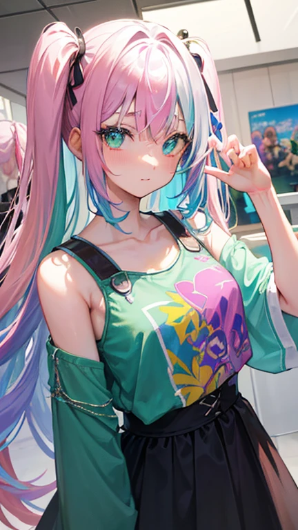 (rainbow colored hair, colorful hair, half silver、half pink hair: 1.2), ,long hair、************、(Cinematic digital artwork: 1.3), high quality, table top, Turquoise eyes、最high qualityの, Super detailed, figure, [4K digital art]!!、 Kyoto animation style, one woman, clavicleの美しさ, clavicle, light, want, , positive, Dead leaves dance、、((green、trendy clothes))、（（dark purple、Polka dot unset, motivation, shine, dynamic perspective、Blue glasses、green色リボン、twin tails、embarrassed face、cute face、happy face