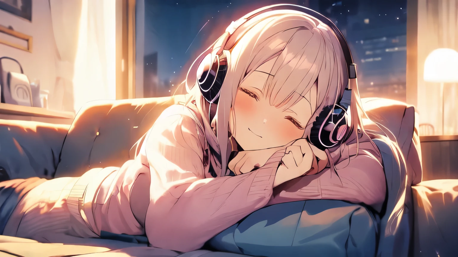1 girl, listen to music, close your eyes, indoors, sofa, headphones,night