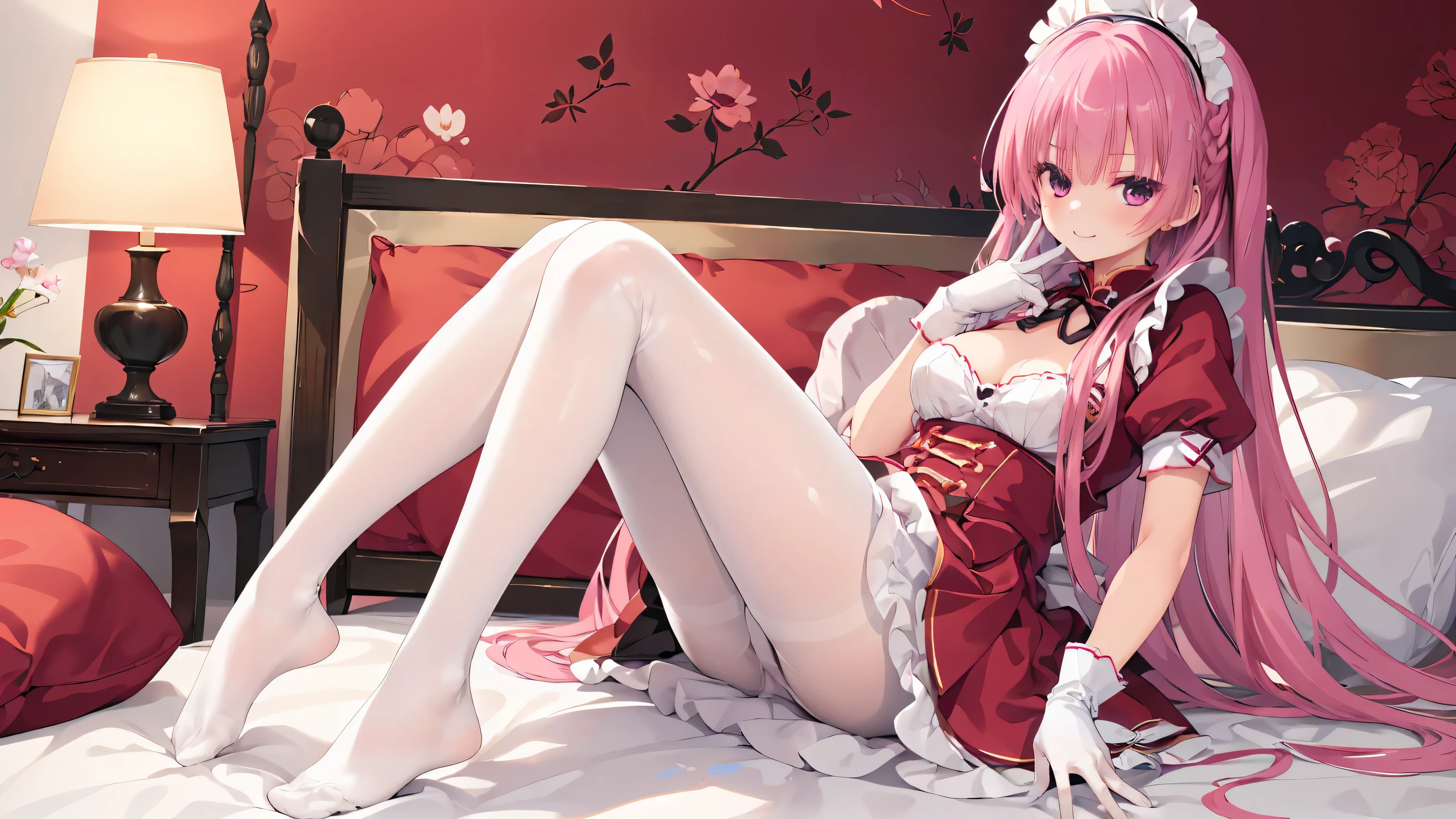 Chinese architecture,night chinese background, solo,a girl,170cm height,25CM bust,pink hair,Red maid outfit,white underwear,night,gentle,Smile, ((white pantyhose),indoors,on the bed,black gloves,no shoes,mitsukasa ayase