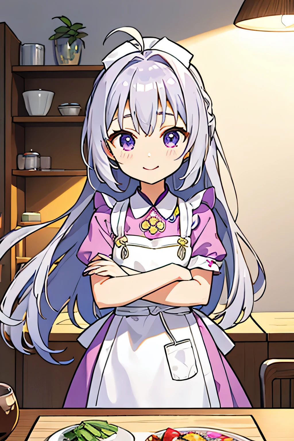 (highest quality)、best quality、front、Comical expression、(over the kitchen table、beautiful girl)、Standing in honor、Long silver hair、Ahoge、light purple eyes、colorful cute apron、bright costumes、Wrinkles between the eyebrows、apron、smile、Anime-style blue streaks on temples、Cross your arms in front of you、cutting board placed knife held vertically、abstract background art style,