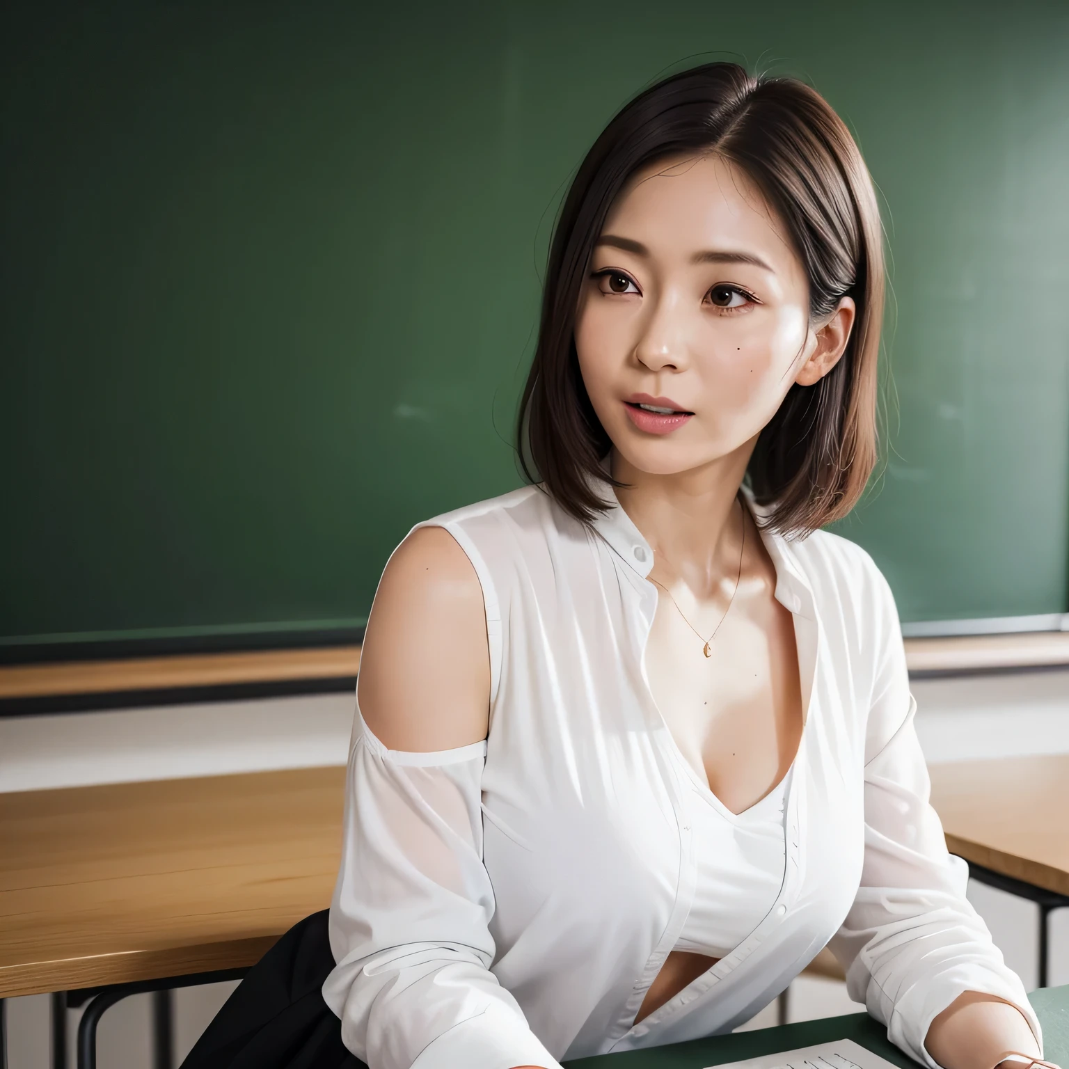 High resolution, High level image quality, high detail, masterpiece, rough skin, anatomically correct, sharp, 
classroom background, 
((japanese mature, 30 years old)), alone, ((facial wrinkles)), good shape big breasts, Straight light brown hair that reaches to the shoulders, 
(((write on the blackboard,))), Staring straight ahead with an open mouth and a tired face, 
gray blazer, white blouse, white skirt, 