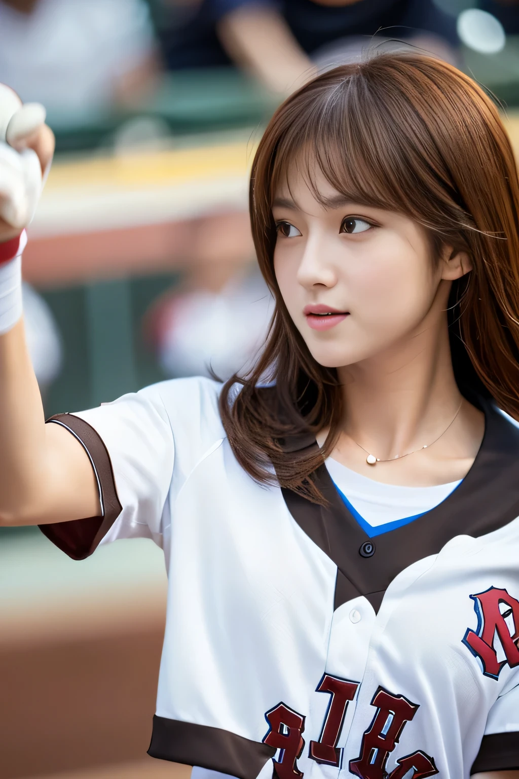 masterpiece, highest quality, Photoreal, Super detailed, finely, High resolution, 8k wallpaper, Professional, Advanced level of detail, ((A female college student cheering at the baseball field:1.2)), slender Japanese woman,, detailed clavicle, Medium chest、perfect face, (Front facing:1.2)、medium long hair, chestnut hair、(Short sleeve baseball uniform:1.5)、(shorts:1.2)、cute face、(looking straight ahead:1.5)、(brown skin:1.5)、full body shot