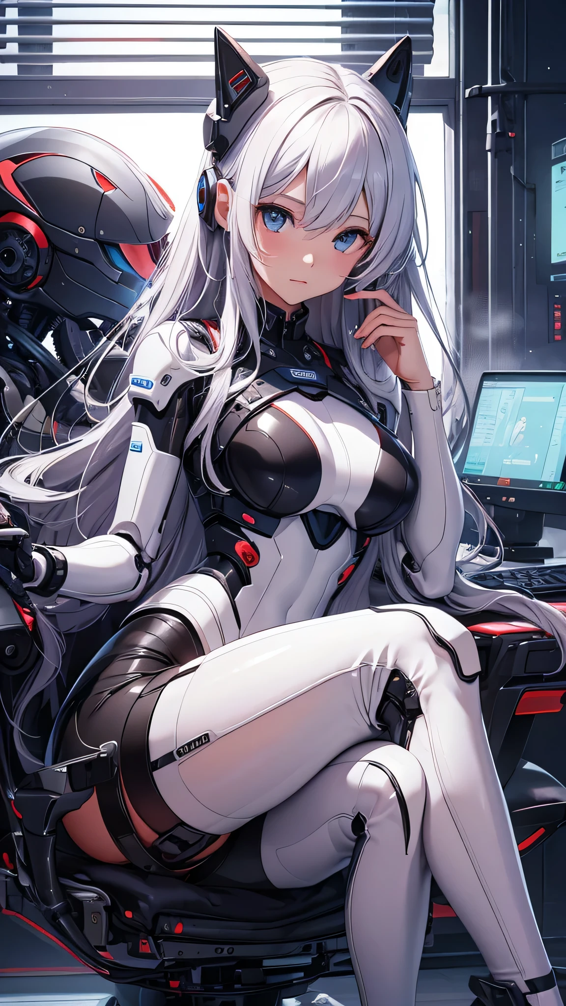 最high quality、best image quality、masterpiece、android girl((18-year-old、 By becoming、vest bust、medium bust,wide open breast tea、shining eyes, water hair、messy hair、long hair、thin,highest valley、white robot body、shining blue body、Close ~ eyes、Connected to many cables、Show the whole body、robot arm、robot feet)),high quality、beautiful art、background((Dark Research Facility、white smoke、high performance chair、Infrared Sensor、red lighting))、Flight、debris flies、Depth of written boundary、movie、visual art、perfect art、8K,genuine、