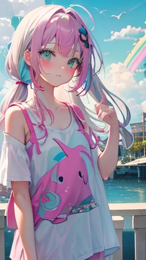 (rainbow colored hair, colorful hair, Half gray、half pink hair: 1.2), ,long hair、16 years old、(Cinematic digital artwork: 1.3), high quality, table top, Turquoise eyes、最high qualityの, Super detailed, figure, [4K digital art]!!、 Kyoto animation style, one woman, clavicleの美しさ, clavicle, light, want, , positive, Dead leaves dance、（Ocean、sandy beach）、Full、taking a walk、((green、trendy clothes))、（（dark purple、Polka dot unset, motivation, shine, dynamic perspective、Blue glasses、green色リボン、twin tails、embarrassed face、cute face、happy face