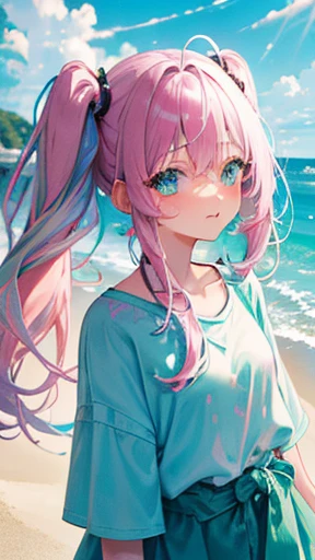 (rainbow colored hair, colorful hair, Half gray、half pink hair: 1.2), ,long hair、16 years old、(Cinematic digital artwork: 1.3), high quality, table top, Turquoise eyes、最high qualityの, Super detailed, figure, [4K digital art]!!、 Kyoto animation style, one woman, clavicleの美しさ, clavicle, light, want, , positive, Dead leaves dance、（Ocean、sandy beach）、Full、taking a walk、((green、trendy clothes))、（（dark purple、Polka dot unset, motivation, shine, dynamic perspective、Blue glasses、green色リボン、twin tails、embarrassed face、cute face、happy face