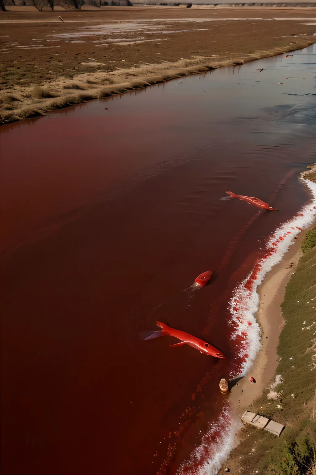 Blood red river with lifeless floating fish
