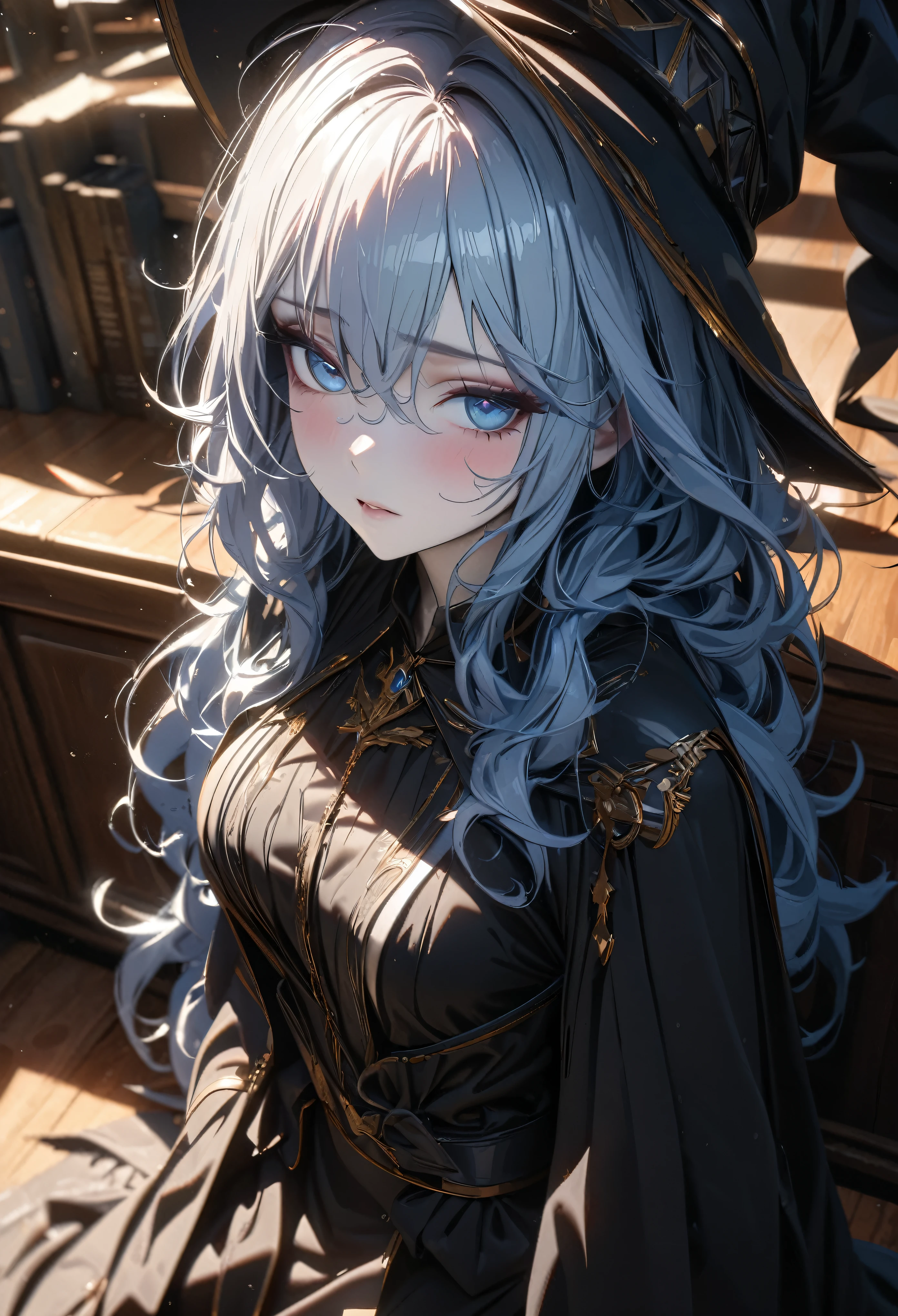 (absurdres, highres, ultra detailed), masterpiece, perfect resolution, great detail, super detailed, detailed face, unhealthy, NEET, unhealthy pale skin, pink dry lips, blue eyes, light eyes, eyeshadow, tired looking, tired eyes, medium breasts, light blue hair, messy hair, unkept hair, long hair, dense hair, mane hair, library scenery, dark robes, witch hat, corset, emotionless face, depth of field, (25 years old), cinematic lighting, ray tracing, depth of field, cinematic lighting, ray tracing, UHD, high details, best quality, highres, high quality, award winning, super detail, masterpiece, 8k, UHD, high details, best quality, highres, high quality, award winning, super detail, masterpiece, 8k, digital art, anime coloring
