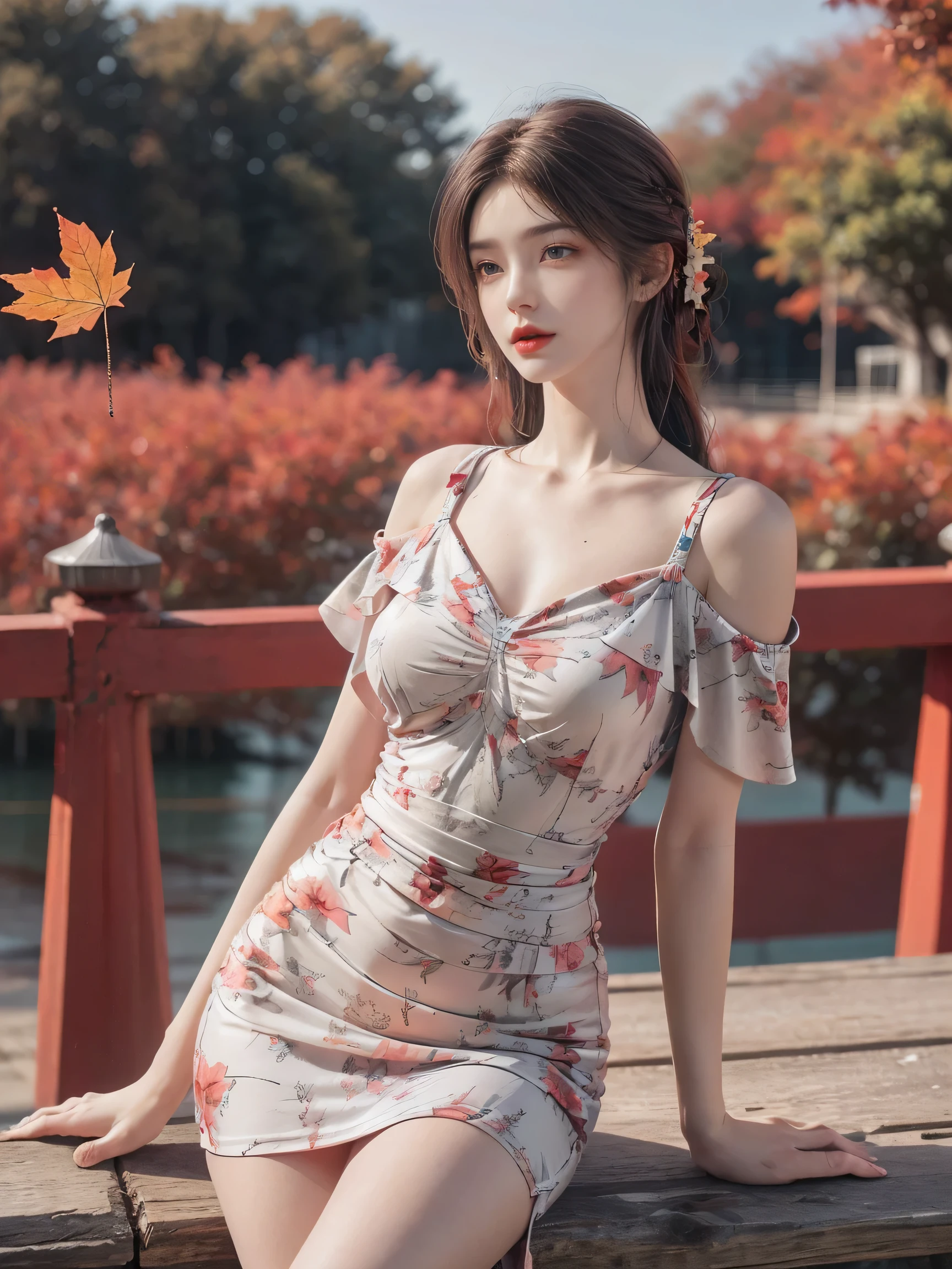 print dress, off shoulder,  fashi-girl. red lips, mature female, makeup, ((Random shooting angles)), (best quality, masterpiece:1.2), ultra-detailed, (realistic:1.37), beautiful, youthful, glamorous model with (detailed eyes, detailed lips, extremely detailed eyes), with white and floral colors, showcasing a radiant smile, slender figure, long legs, creating a breathtaking depiction of a girl enjoying the sunshine, Outdoor sports, the beach, on the pier, Warm tones, extremely high color saturation, official art, extremely detailed CG unified 8k wallpaper,(High dynamic range :1.4), (cinematic),(soft colors, dull colors, soothing tones :1.3), (natural skin texture, ultra-realistic, soft light, sharp),(very detailed), Evening, autumn, autumn maple leaves, professional lighting, leaning against the guardrail, looking into the distance