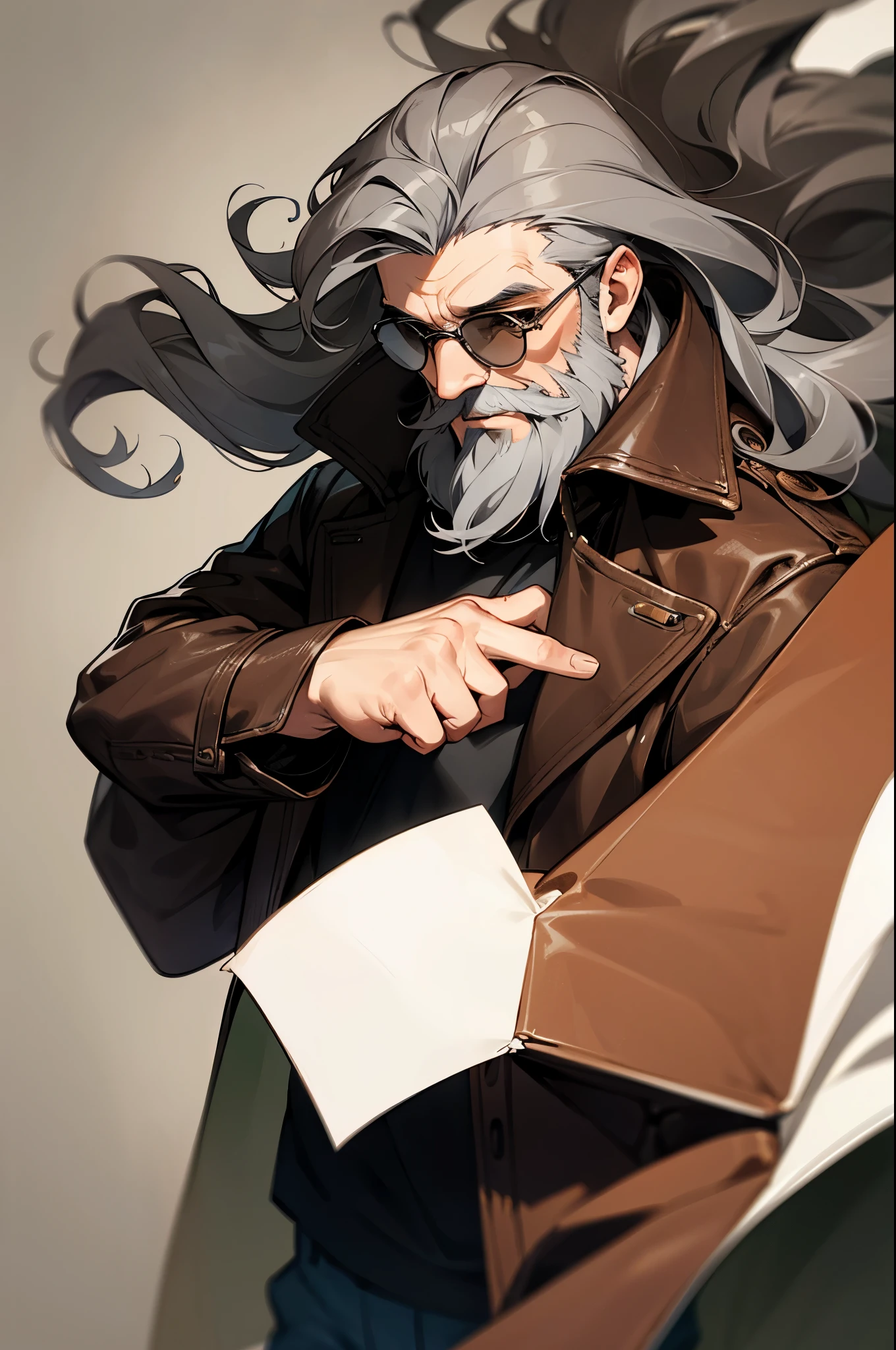 Man, brown leather jacket, glasses, black wavy hair, gray hair, beard
