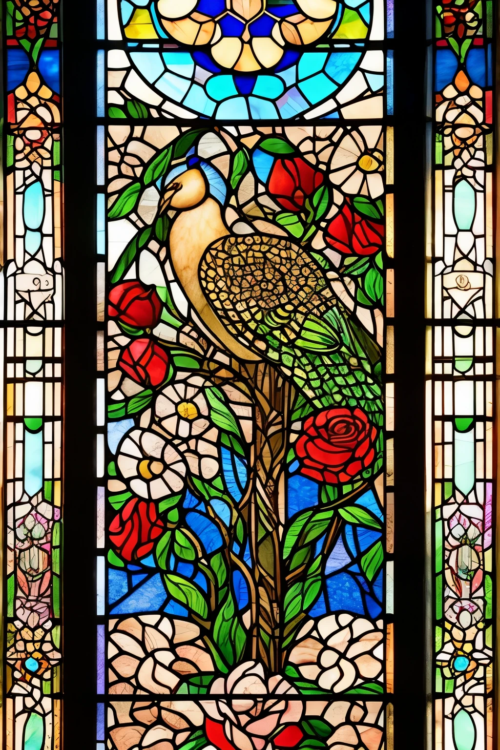 a close up of a stained glass window with peacocks in it, an ultrafine detailed painting by Olga Rozanova, Artstation, art nouveau, ( art nouveau ), (art nouveau), maxim verehin stained glass, translucent roses ornate, stained glass art, roses, stained glass!!, beautiful detail and color, beautiful depiction, stained glass style