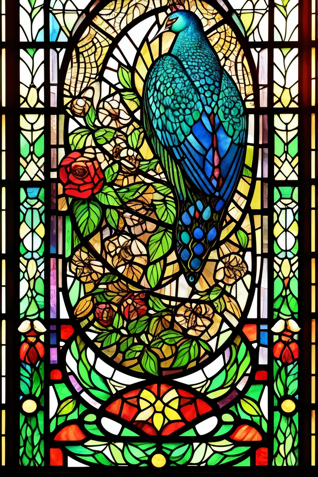 a close up of a stained glass window with peacocks in it, an ultrafine detailed painting by Olga Rozanova, Artstation, art nouveau, ( art nouveau ), (art nouveau), maxim verehin stained glass, translucent roses ornate, stained glass art, roses, stained glass!!, beautiful detail and color, beautiful depiction, stained glass style