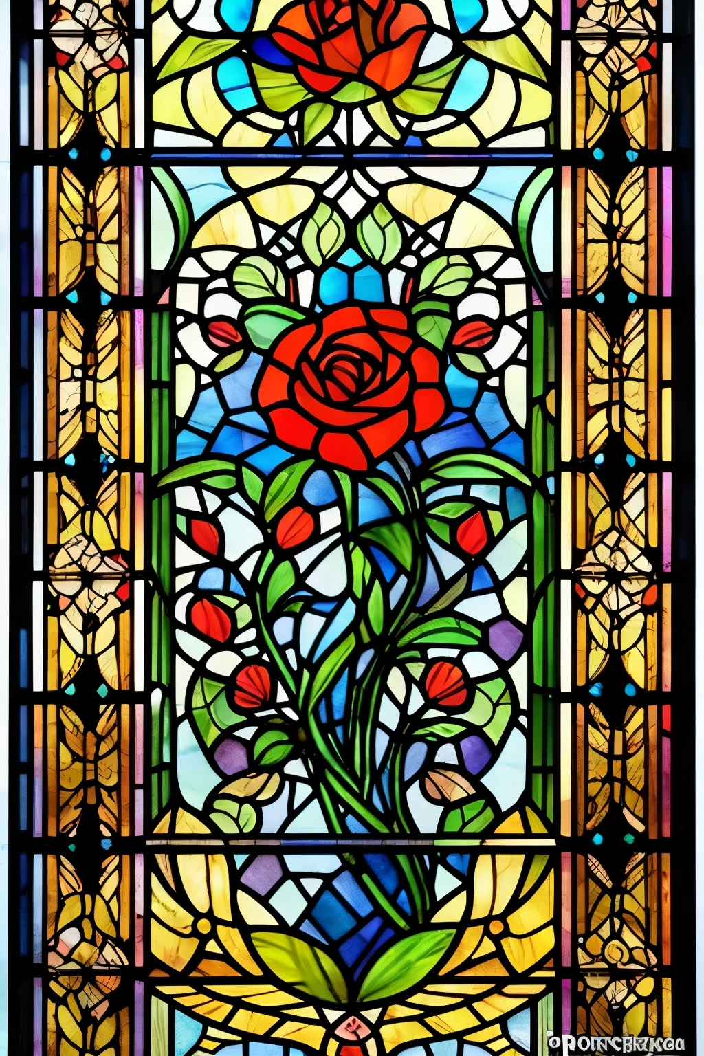 a close up of a stained glass window with peacocks in it, an ultrafine detailed painting by Olga Rozanova, Artstation, art nouveau, ( art nouveau ), (art nouveau), maxim verehin stained glass, translucent roses ornate, stained glass art, roses, stained glass!!, beautiful detail and color, beautiful depiction, stained glass style