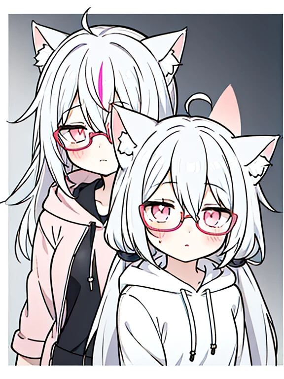 best quality, masterpiece, 1 girl, li, upper body, hairs between eyes, female, pink eyes, long hair, small breasts, glasses, pony-tail, expressionless, wink , cat ears, white hair, silver hair, streaked hair,hoodie, murder,