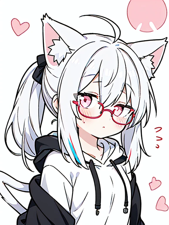best quality, masterpiece, 1 girl, , upper body, hairs between eyes, female, pink eyes, long hair, small breasts, glasses, pony-tail, expressionless, wink , cat ears, white hair, silver hair, streaked hair,hoodie, murder,