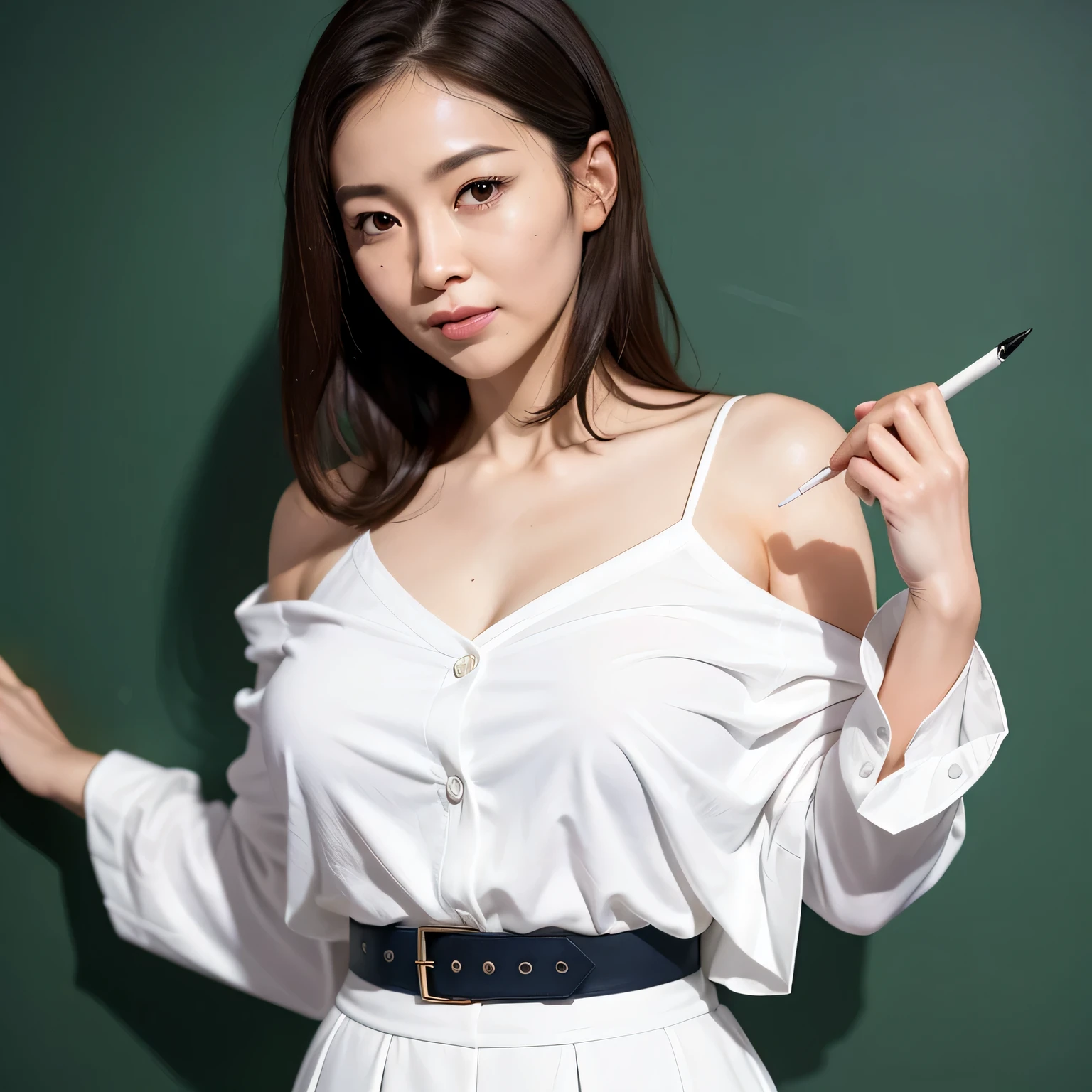 High resolution, High level image quality, high detail, masterpiece, rough skin, anatomically correct, sharp,
classroom background,
((japanese mature, 30 years old)), alone, ((facial wrinkles)), good shape big breasts, Straight light brown hair that reaches to the shoulders,
(((write on the blackboard,))), Staring straight ahead with an open mouth and a tired face,
navy blue blazer, white blouse, white skirt,