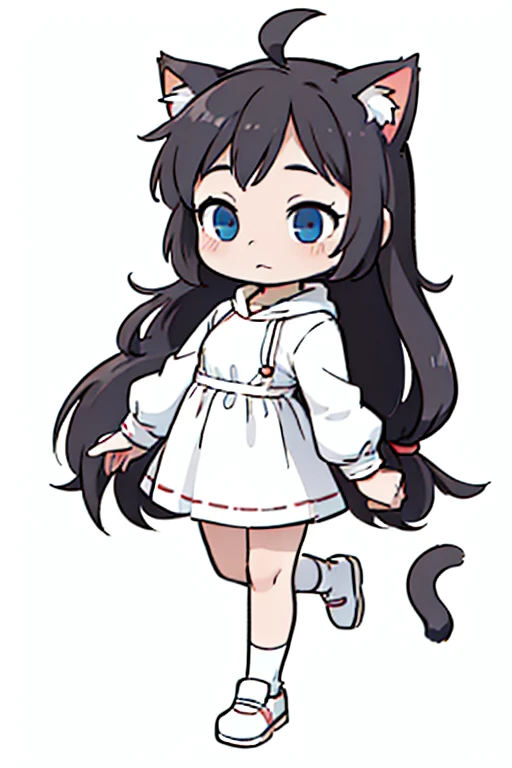 little girl，Simple drawing，minimalist lines，full-body shot，cute，Cat ear，long hair，
