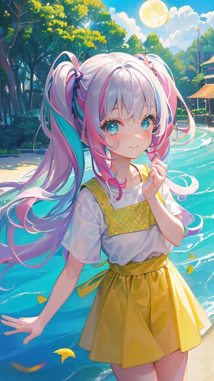 (rainbow colored hair, colorful hair, half silver、half pink hair: 1.2), ,long hair、(Cinematic digital artwork: 1.3), high quality, table top, Turquoise eyes、最high qualityの, Super detailed, figure, [4K digital art]!!、 Kyoto animation style, one woman, clavicleの美しさ, clavicle, light, want, , positive, Dead leaves dance、（Ocean、sandy beach）、full moon、On a tree-lined street、taking a walk、((Dark yellow、Clothes with short sleeves))、（（White、Polka dot unset, motivation, shine, dynamic perspective、Blue glasses、Green ribbon、twin tails、embarrassed face、cute face、happy face