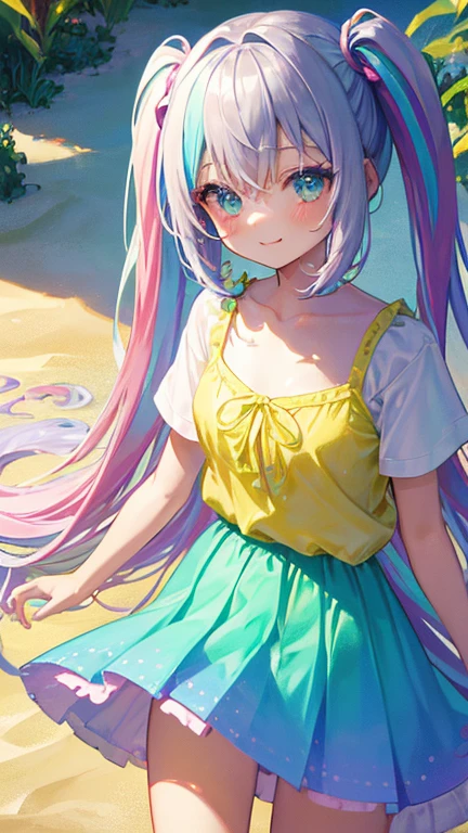 (rainbow colored hair, colorful hair, half silver、half pink hair: 1.2), ,long hair、(Cinematic digital artwork: 1.3), high quality, table top, Turquoise eyes、最high qualityの, Super detailed, figure, [4K digital art]!!、 Kyoto animation style, one woman, clavicleの美しさ, clavicle, light, want, , positive, Dead leaves dance、（Ocean、sandy beach）、full moon、On a tree-lined street、taking a walk、((Dark yellow、Clothes with short sleeves))、（（White、Polka dot unset, motivation, shine, dynamic perspective、Blue glasses、Green ribbon、twin tails、embarrassed face、cute face、happy face