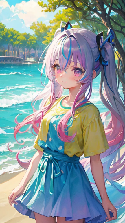 (rainbow colored hair, colorful hair, half silver、half pink hair: 1.2), ,long hair、(Cinematic digital artwork: 1.3), high quality, table top, Turquoise eyes、最high qualityの, Super detailed, figure, [4K digital art]!!、 Kyoto animation style, one woman, clavicleの美しさ, clavicle, light, want, , positive, Dead leaves dance、（Ocean、sandy beach）、full moon、On a tree-lined street、taking a walk、((Dark yellow、Clothes with short sleeves))、（（White、Polka dot unset, motivation, shine, dynamic perspective、Blue glasses、Green ribbon、twin tails、embarrassed face、cute face、happy face