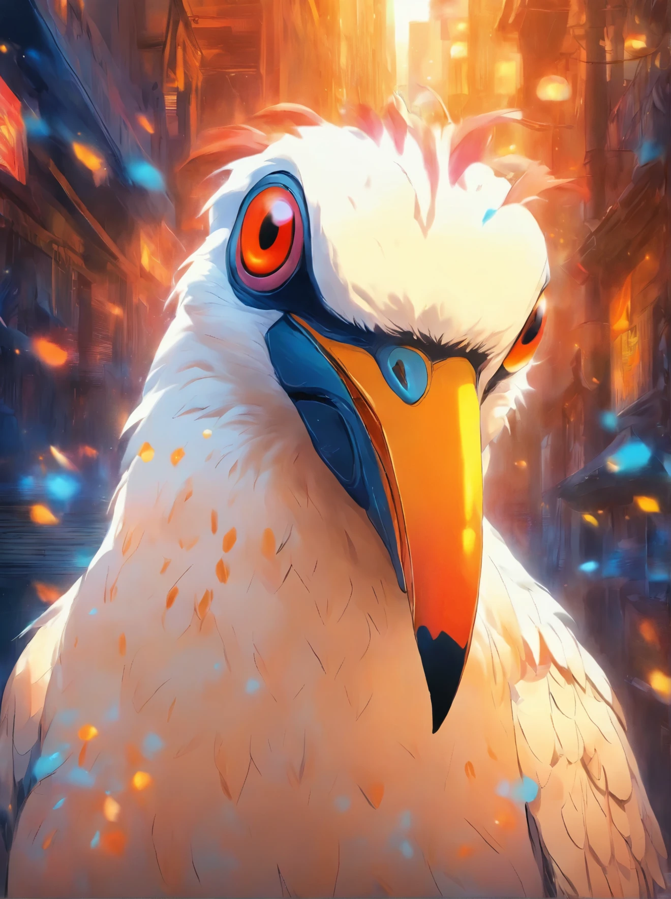 araffe bird with orange eyes and a white body and black wings, ultrarealistic illustration, ultra realistic illustration, extremely detailed painting, extremely detailed and sharp, very detailed painting, very detailed and sharp, hyperrealistic illustration, incredible sharp detail, ultra realistic art, extremely sharply detailed, hyper realistic detailed, ultra realistic!!!, incredibly detailed oil painting