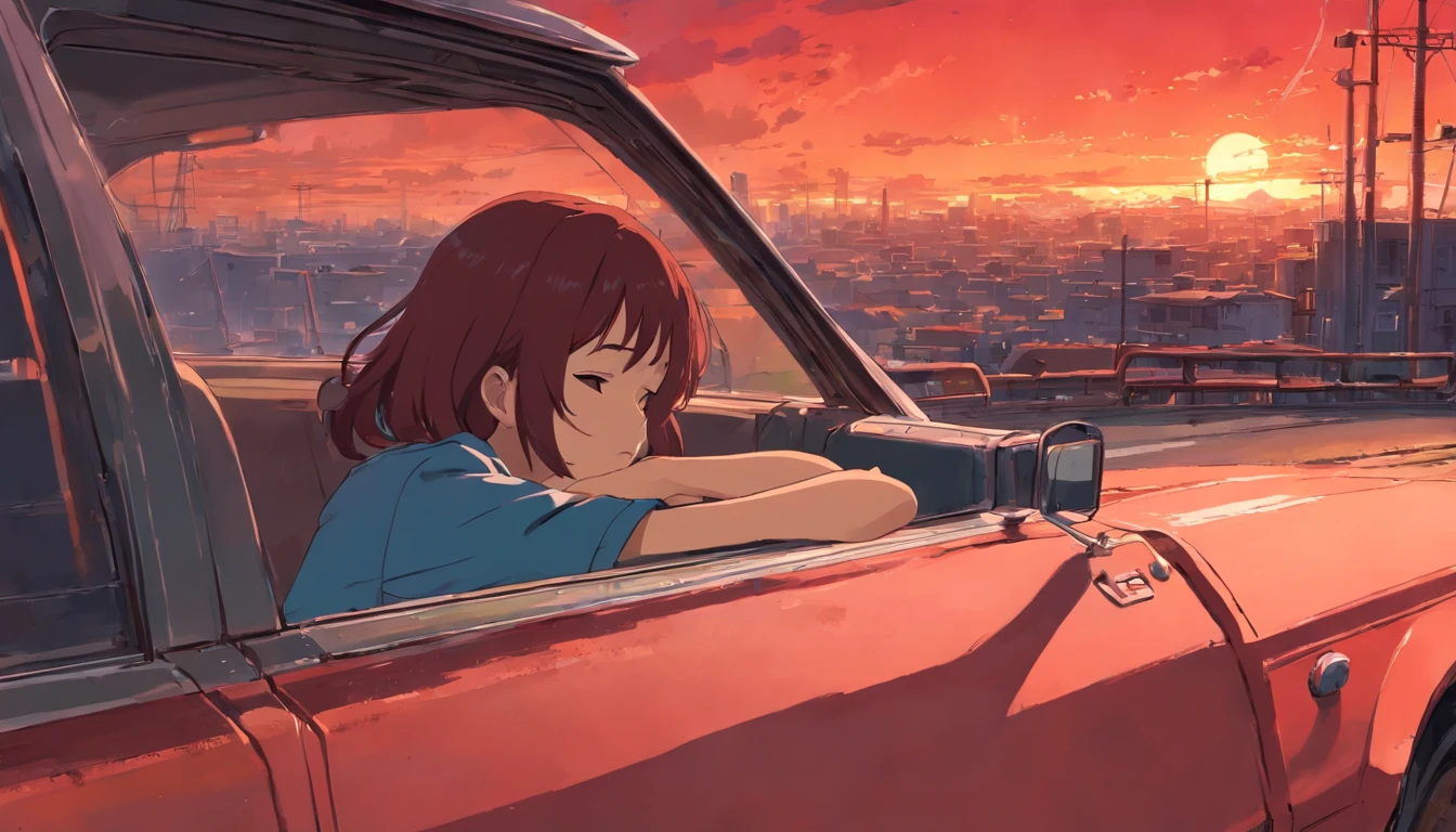 Katsuhiro Otomo's painting style、Red burnt sky、Woman sleeping with eyes closed in car,Outside the window is a post-apocalyptic world,