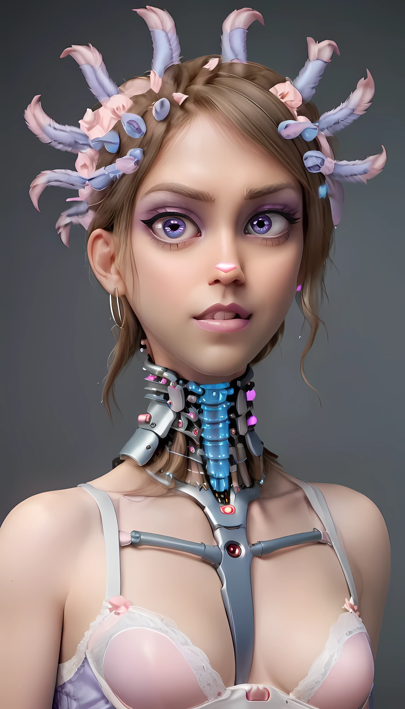 jessicagraham, (Complex Professional 3D rendering:1.3) of (Ultra detailed:1.3) side profile, xray diagram deconstruction of a cyborg brain to machine interface, extended neck, glowing lights, Highly detailed, Depth, Many parts, Lumen render, 8k x-ray style translucent bald head, clear skin, synthetic bone, purple pink and blue Xray style on a grey background covered in geometric patterns,CGSociety,ArtStation