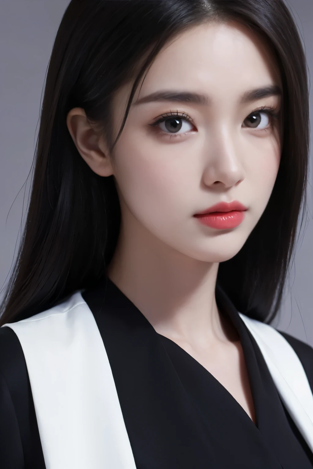((Only show face、face close-up)), masterpiece,best quality,high resolution,8K,(portrait),((Head close-up)),original photo,real picture,digital photography,(queen of the modern world),(Women presidents),20 year old girl,Random hairstyle,red eyelashes),, Accessories,red lips,Keep your mouth beautiful and attractive,Serious and arrogant,Calm and handsome,(Women's business suit,Black),photo poses,Realistic style,gray background,oc render reflection texture