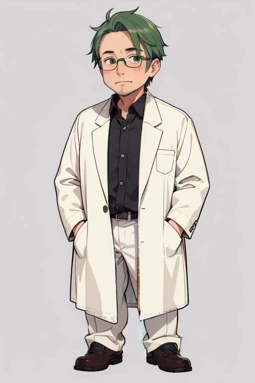 white lab coat, gray collared shirt, black pants, chibi, full body, standing, lower arms, front view, thick outline, gray background, simple background