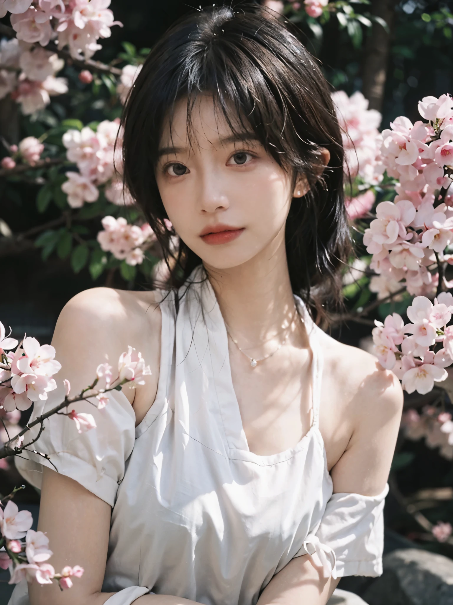 Film portrait photography, 2 girls, 2 Bare Shoulders,lipstick,(flat chest:1.4), Double tail, wear necklace,scarf,Look directly,earrings,short sleeves,serene, calm, (Realistic and detailed eyes, natural skin texture, Realistic facial details), Soft dramatic lighting, depth of field, Bokeh,cherry blossom grove, Vibrant details, Detailed and detailed, surreal, 35mm film, hazy, whole body,
