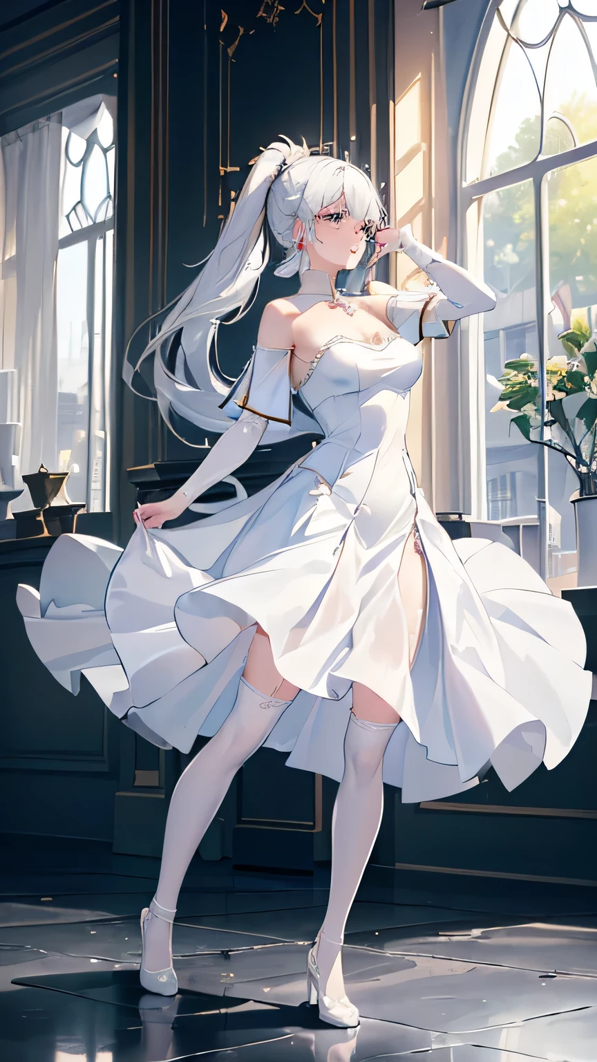((beautiful lighting, Best quality, 8K, Masterpiece: 1.3)), 1girl, Perfect body beauty: 1.4, elegant, Sweaty + wet skin,((white hair)), (White dress: 1.4), (Over the knee white stockings: 1.5), (long dress), Super Fine Face, lingerie, ((dancing in the distance)), ((in an elegant salon))