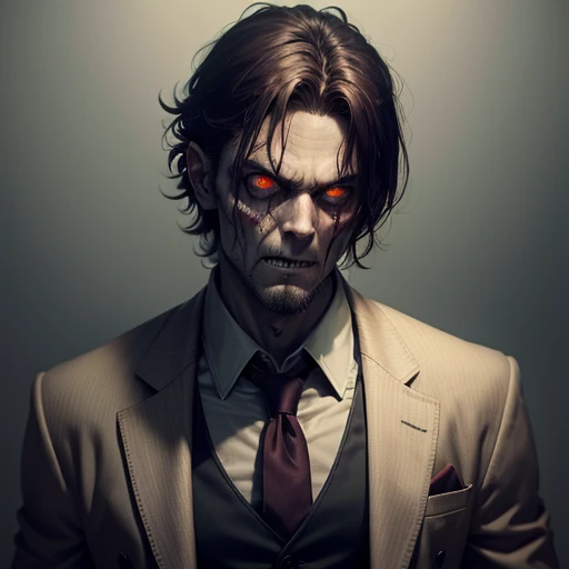 (8k, RAW photo, highest quality),(epic realistic), 1man, slick back hair, (bright red eyes), photorealistic, angry smirk, angry grin, black business suit, black tie, lovecraft, 1900s, intricate details, cinematic, looking at viewer, monsters in backgroud, horror, cosmic horror