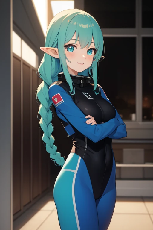 ((best quality)), ((masterpiece)), (detailed), front facing, front view, perfect face, dark skin, light brown skin, tan skin, dark elf, pointy ears, tall, slim, alone, happy, green and Blue hair, braids, athletic, abs, beautiful breasts, Wetsuit