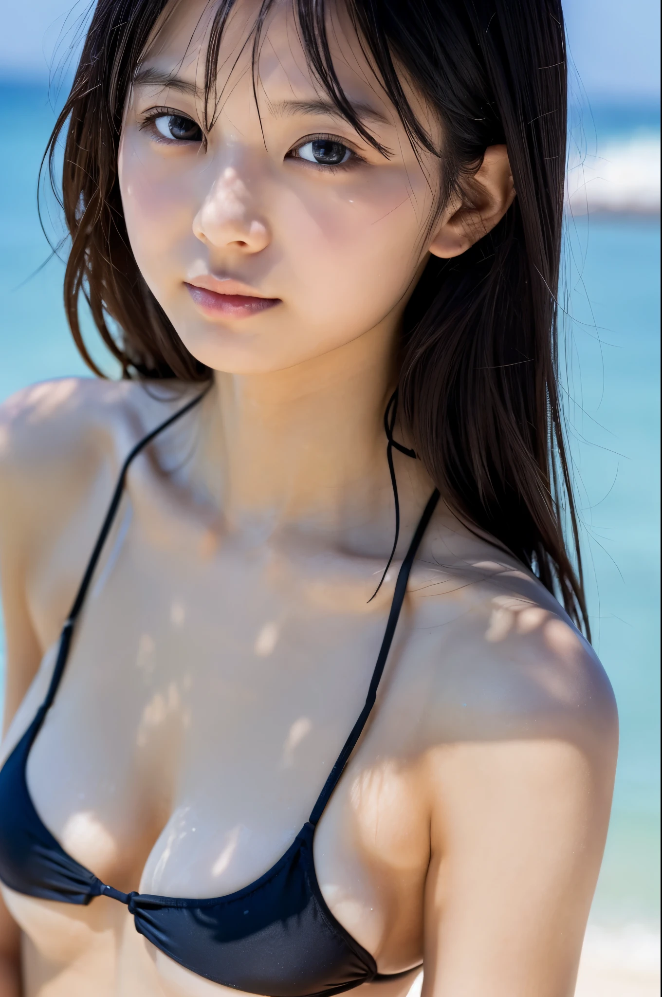 on the beach, Close-up of a woman in a black bikini posing for a photo, young slender gravure idol, wet swimsuit, young sensual gravure idol, Young beautiful girl gravure idol, is wearing a swimsuit, Yoshitomo Nara, japanese model, japanese goddess, young gravure idol, beautiful asian girl, swimsuit, realistic young gravure idol