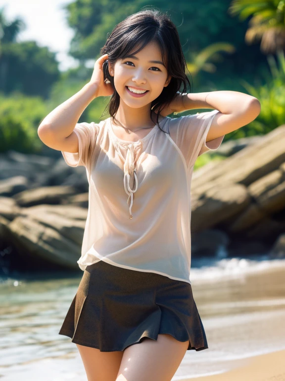 (official art、highest quality、Unity 8k wallpaper、32k、masterpiece、super detailed、超A high resolution、realistic、Photoreal:1.2)、(natural soft light:1.2)、fire glow effect、film grain、best shadow、rim lighting、side light、side shot、(Super detailed and complex 3D rendering)、詳細なbeautiful faceと目、sharp pupils、realistic生徒、full body, sandy beach、beautiful face、blurred background、18 year old beautiful girl、shiny skin、beautiful wet black hair、I pulled up my wet shirt、wet check mini skirt、(thighs thighs thighs:0.9)、barefoot、curve、dynamic pose、smile with open mouth、two girls、
