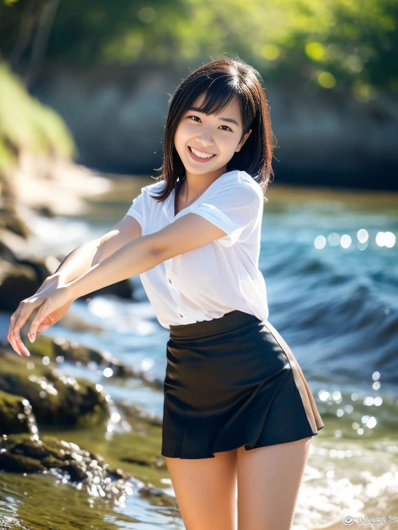(official art、highest quality、Unity 8k wallpaper、32k、masterpiece、super detailed、超A high resolution、realistic、Photoreal:1.2)、(natural soft light:1.2)、fire glow effect、film grain、best shadow、rim lighting、side light、side shot、(Super detailed and complex 3D rendering)、詳細なbeautiful faceと目、sharp pupils、realistic生徒、full body, sandy beach、beautiful face、blurred background、18 year old beautiful girl、shiny skin、beautiful wet black hair、I pulled up my wet shirt、wet check mini skirt、(thighs thighs thighs:0.9)、barefoot、curve、dynamic pose、smile with open mouth、two girls、