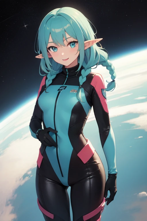 ((best quality)), ((masterpiece)), (detailed), perfect face, elf, pointy ears, tall, slim, alone, happy, cyan hair, braids, athletic, spacesuit,
