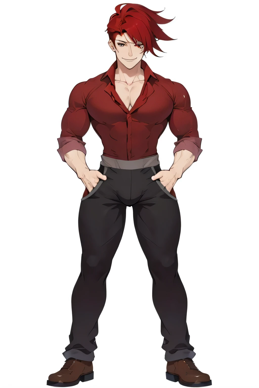 a cartoon of a man with red hair and a red shirt, single character full body, full body picture, full body!, fullbody shot, !!full body portrait!!, full body single character, full body portrait of a short!, full body concept, full body character, full body!!, fullbody portrait, full character body, full_body!! Big bulge, horny, flustered, smiling, bulge in pants, Bara, horny man