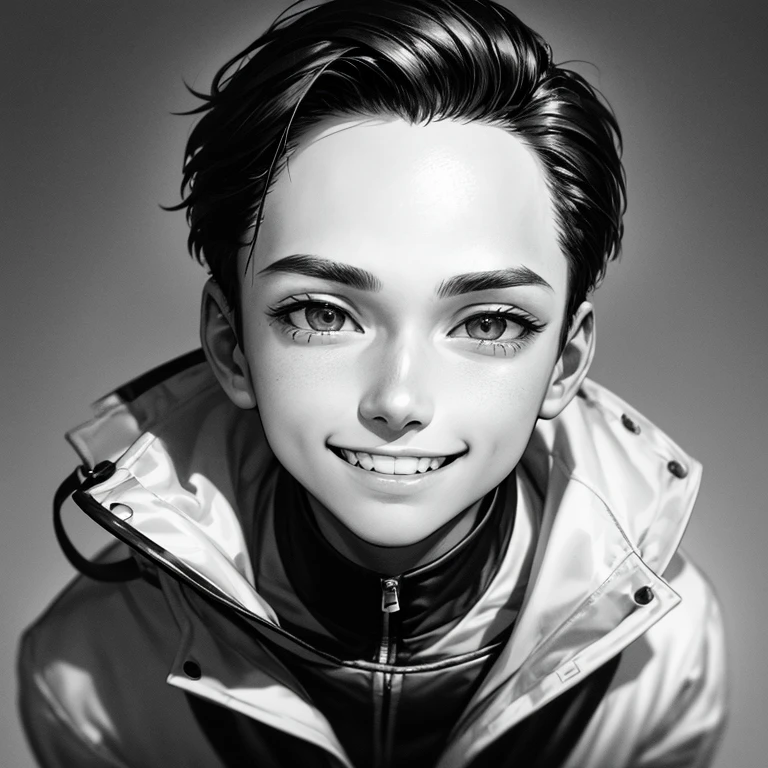 monochrome,masterpiece, illustration, best quality, best aathetic,male focus,solo,face close up,shoot from above,boy,grin,white teeth,black jacket,short hair,15 years old,forehead,brow,open one's eyes wide,