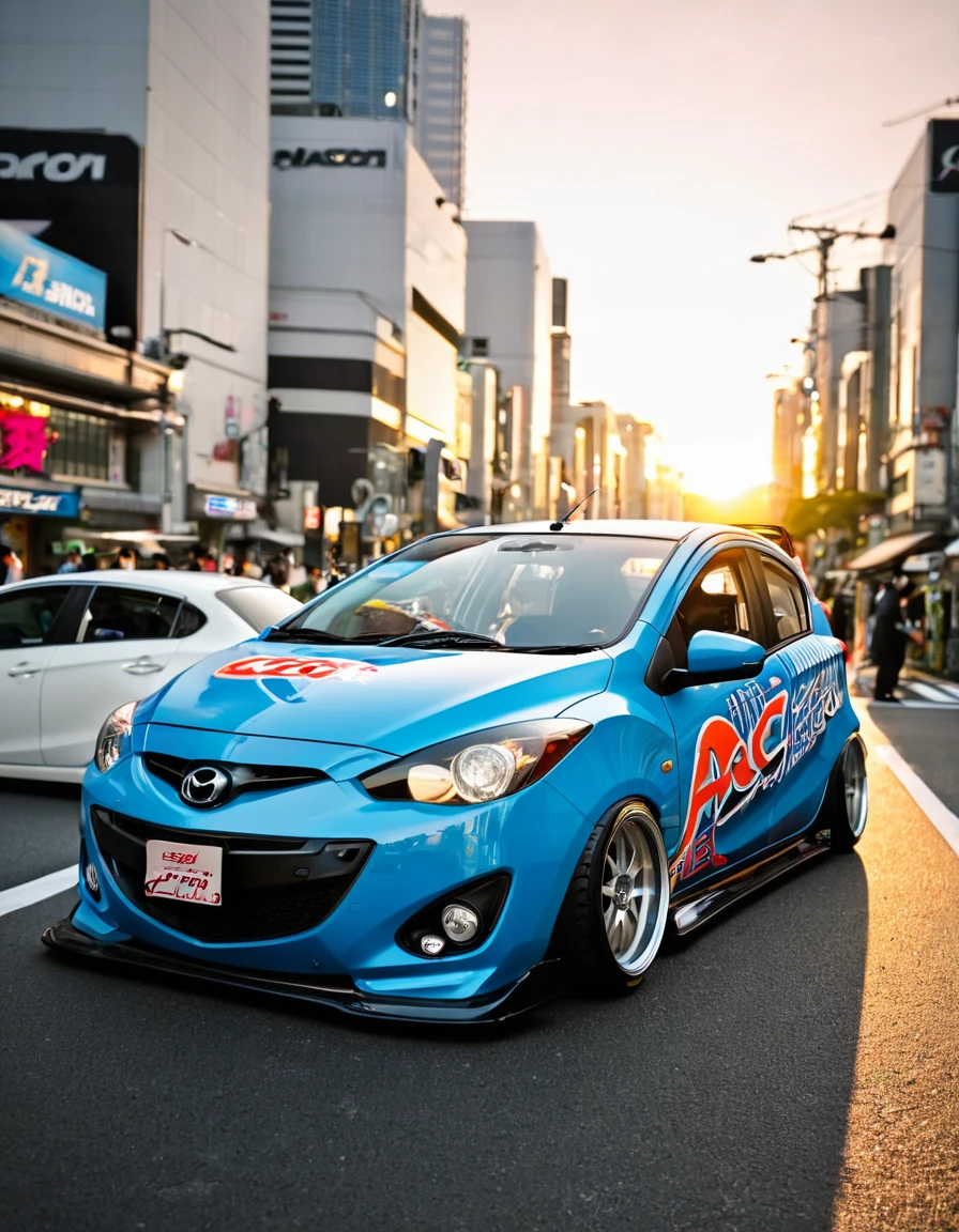 Raw,Tokyo Soda,drift car,tokyo city sunset, accor executive,gibli style, Mazda2,