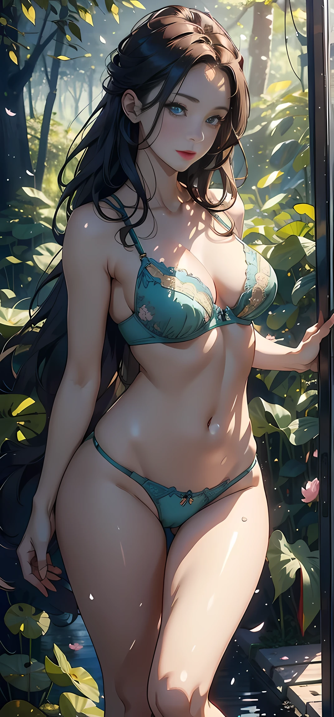 1female，45 yers old，Married Woman，MILF，mature，plumw，extremely large bosom，medium breasts Thin waist，long leges， solo，（Background with：Cherry blossom forest，ponds，lotus flower）Stand deep in the forest，Open your legs， She has long brown hair，bobo head，，seen from the front， standing in forest， mostly cloudy sky，（（（tmasterpiece），（Very detailed CG unity 8K wallpaper），best qualtiy，cinmatic lighting，detailed back ground，beatiful detailed eyes，Bright pupils，Black eyes，Snow-whiteskin，Redlip（Very fine and beautiful），（Beautiful and detailed eye description），ultra - detailed，tmasterpiece，））facing at camera，A high resolution，ultra - detailed），laughingly，，  Bulge，legs are open，Raised sexy，Camel toes，Flushed complexion，Desire for dissatisfaction，front view（Wearing：，small mini green bra with yellow panties）