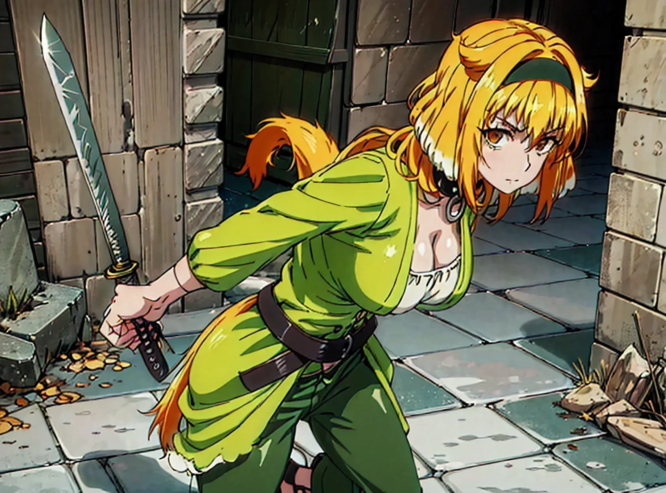 roxanne, holding a long curved wide sword behind her, hand, sword going off-screen, battle pose, sword, scimitar, dimly lit dingy stony mossy windowless dungeon hallway with no decoration, gold eyes, (fierce look:1.2), (fluffy dog tail:1.4), hand wielding sword, beautiful hand, running down the dungeon hallway, gesturing at viewer to follow after her, (green pants:1.4), fingers wrapped around sword hilt, fingers firmly grasping sword hilt, sword hilt not visible