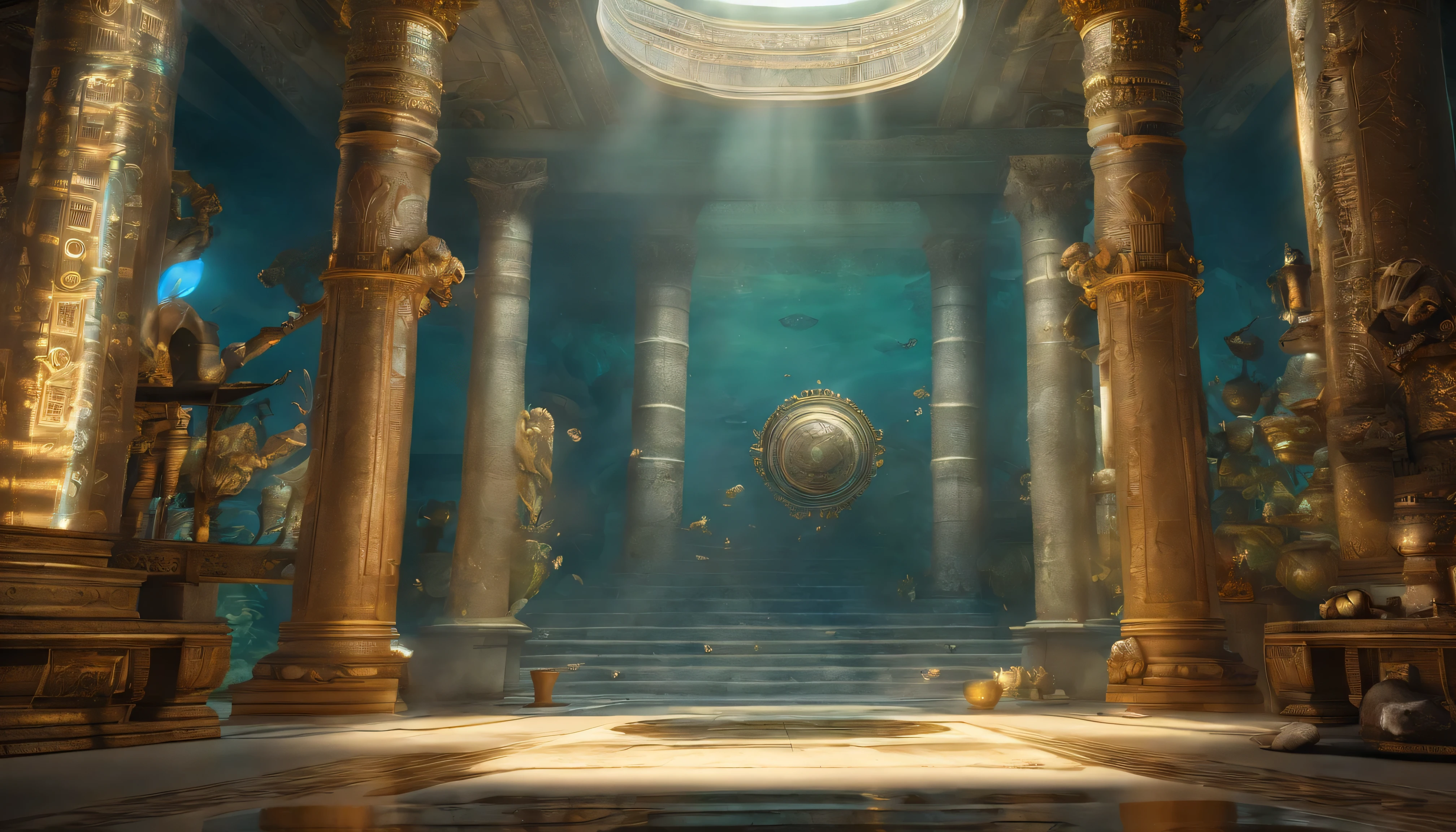 (Under the Ocean), Ancient Greek palace in the sea, decorated with coral and gold, masterpiece, 最high quality, high quality, Highly detailed CG Unity 8K wallpaper, oil, award winning photography, Bokeh, Depth of the bounds written , HDR, bloom, chromatic aberration, photorealism, very detailed, Trending with ArtStation, Trending on CGsociety, Complex, high detail, dramatic, Art on the road, Volumetric lighting --v6