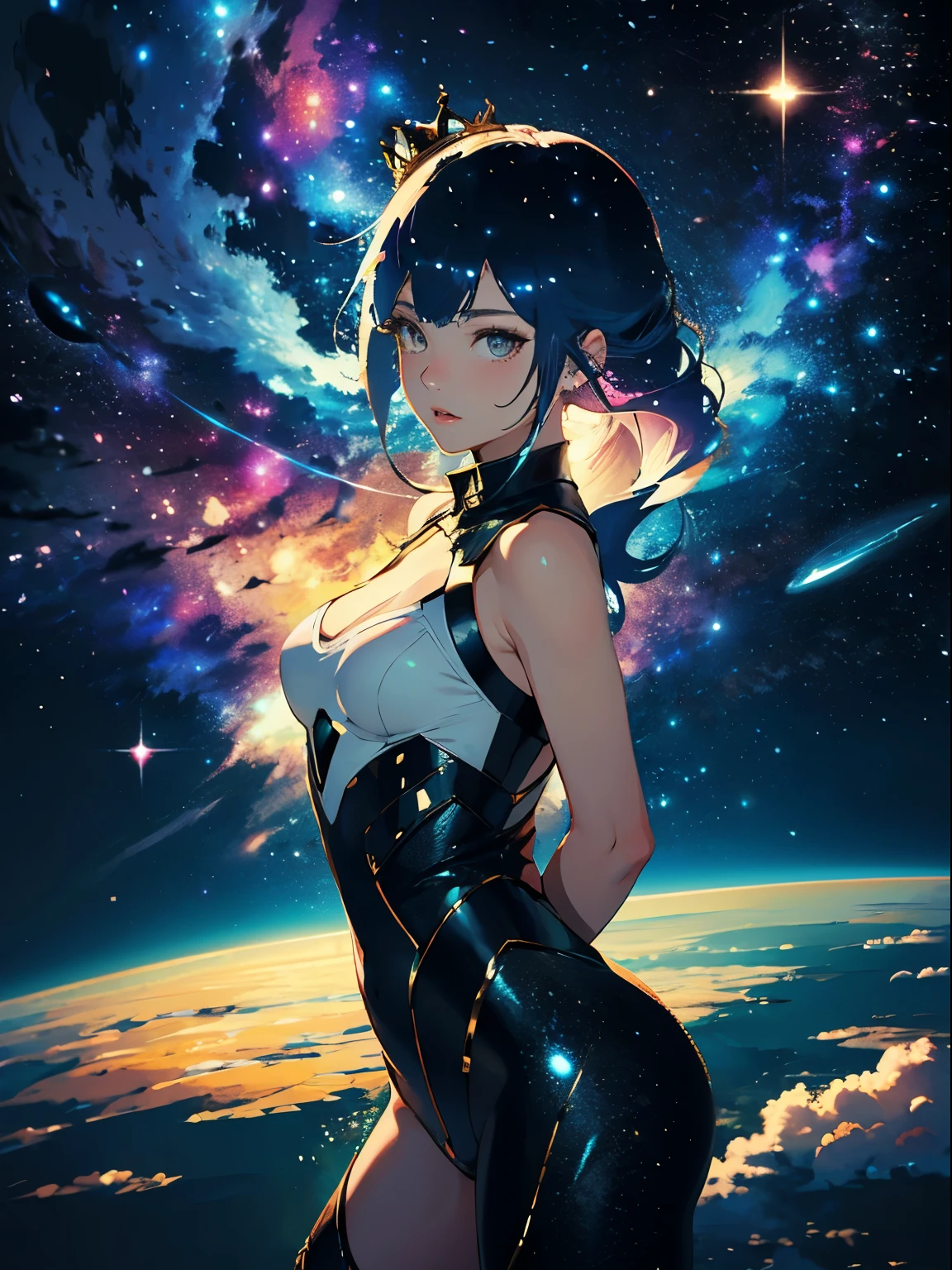 high quality, 最high quality, masterpiece, Detailed portrait of a woman 1, long hair, (floating, space, Milky Way, colorful), warm lighting, 女god, Milky Way, scenery, crown, {{{最high quality}}}, {{Super detailed}}, {figure}, cinematic angle, {detailed light},cinematic lighting, heavenly, dynamic pose,宇宙の女god,god々New