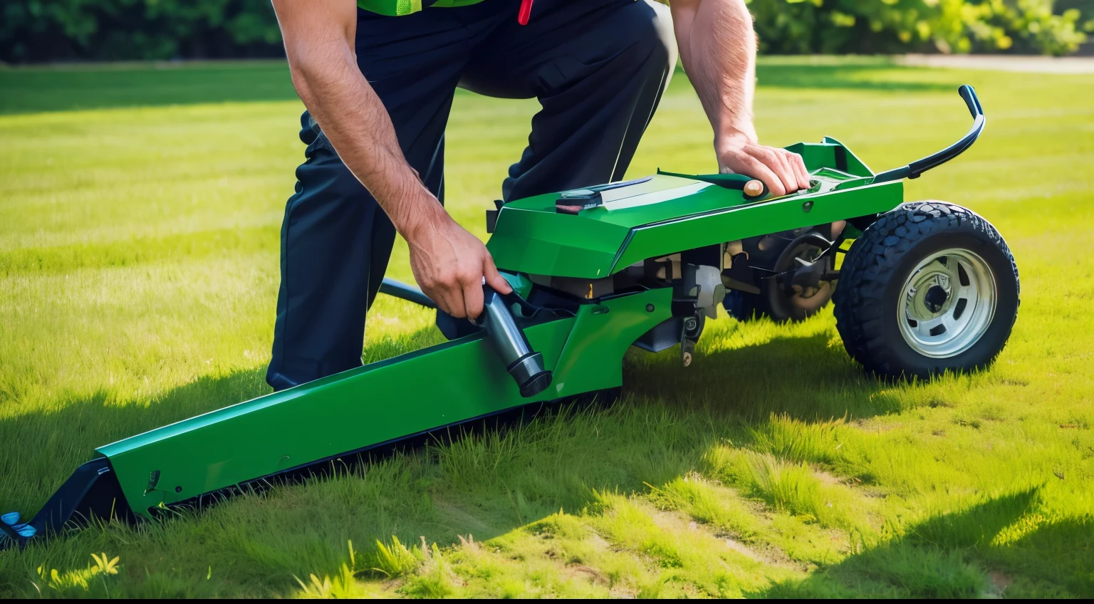 (best quality,highres),(realistic:1.37),(colorful),(bright lighting),portrait,man wearing green pants,worker,close-up shot,lawnmower,grass cutting,detailed machinery,focused expression,strong physique,industrial setting,greenery,clear background,lush grass,professional equipment,precision cutting,laborious task,outdoor work,efficiency,environmental maintenance,neat lines,motion blur,efficient tools,hardworking,dedicated,workflow,manual labor,summer maintenance,meticulous，skillful，careful operation,green landscape