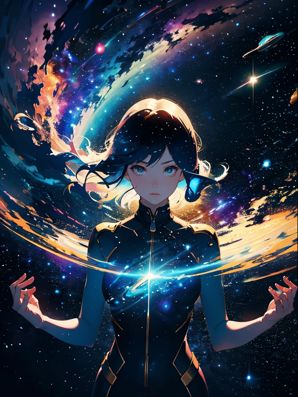 high quality, 最high quality, masterpiece, Detailed portrait of a woman 1, long hair, (floating, space, Milky Way, colorful), warm lighting, 女god, Milky Way, scenery, crown, {{{最high quality}}}, {{Super detailed}}, {figure}, cinematic angle, {detailed light},cinematic lighting, heavenly, dynamic pose,宇宙の女god,god々New