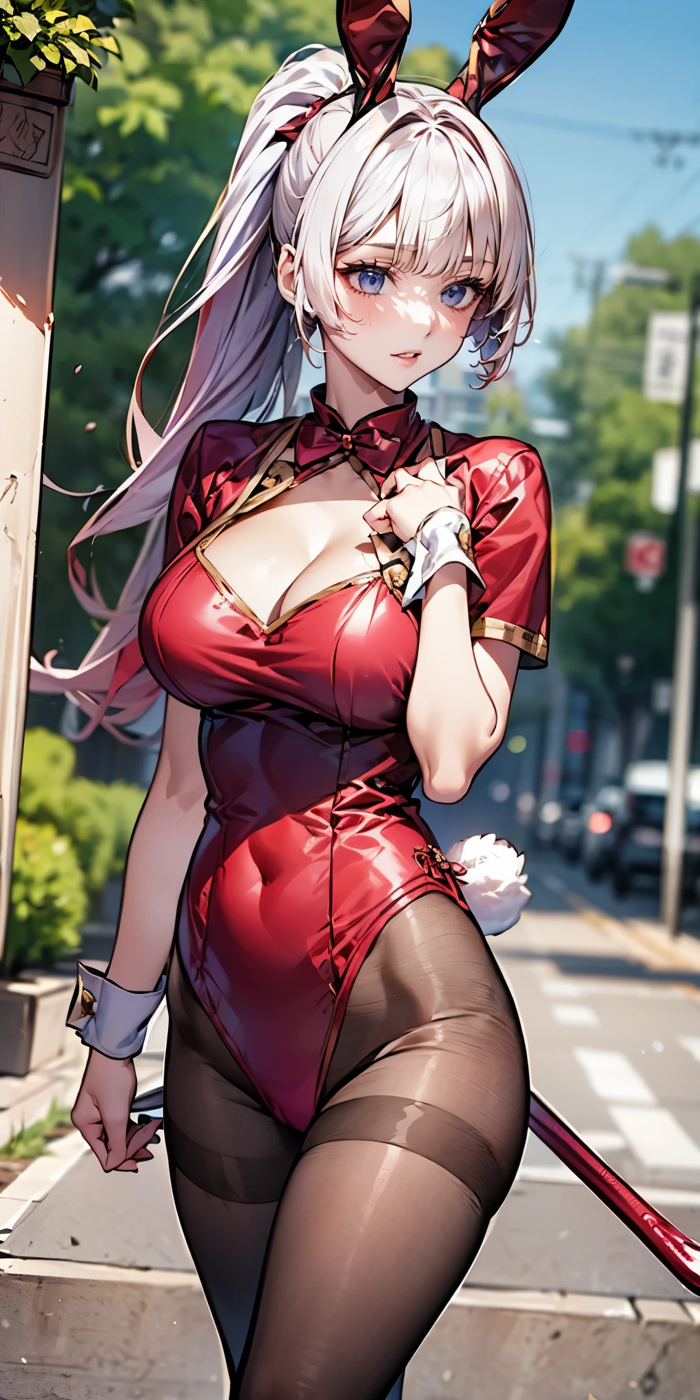 （（highest quality，8K，T Masterpiece：1.3））， sharp focus：1.2，cute woman with perfect figure：1.4，（（（（（huge cleavage））），（ridiculously big breasts：1.5），straight hair、hair blowing in the wind（huge hips），smile，thin abs：1.2，((purple hair:1.4, princess cut))，Highly deしっぽed face and skin texture，tail eye，double eyelid、/ (wear white top over red playboy_red rabbit leotard:1.3), (Clothes divided into upper and lower parts:1.2), (short sleeve:1.1), ((red bunny girl costume:1.8)), (Fishnet tights:1.2), high heels, ((rabbit tail:1.2, Bunny ears)), (ponytail:1.3)
